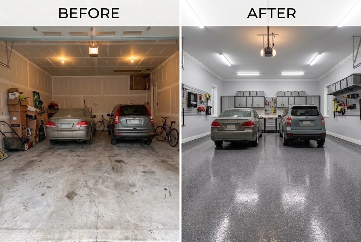 Before and after of a two-car garage: stained bare concrete with a crack running the length of the bay on the left, a grey flake floor with both cars parked back on it on the right.