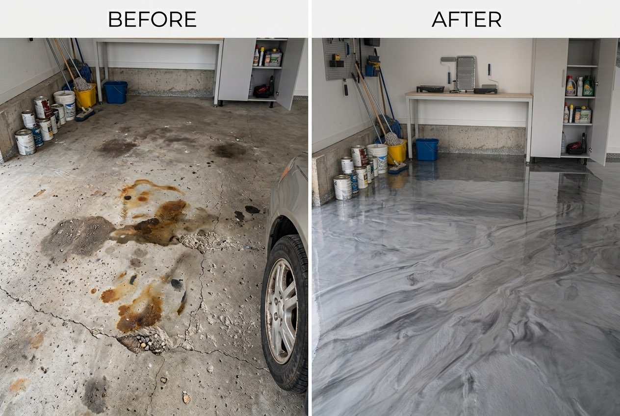Before and after of a garage floor: heavily oil-stained, cracked and spalling concrete on the left, a grey and white marbled metallic finish on the right.